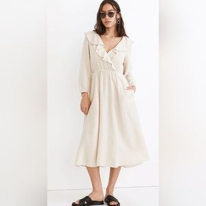 NWT MADWELL Linen-Cotton Ruffle-Neck Midi Dress